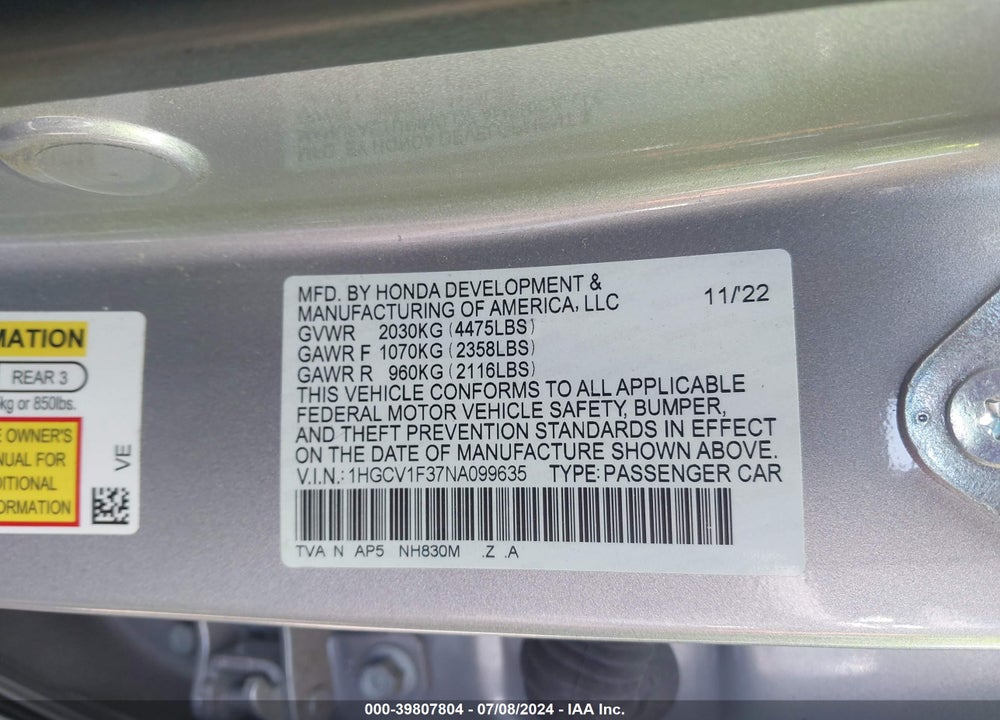 2022 HONDA ACCORD SPORT VIN: 1HGCV1F37NA099635