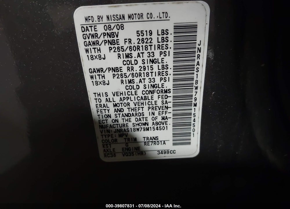 2009 INFINITI FX35 VIN: JNRAS18W79M154501