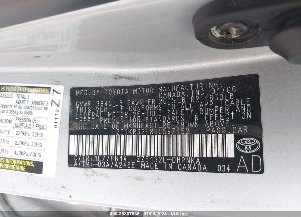 2006 TOYOTA MATRIX/XR VIN: 2T1KR32E86C587152