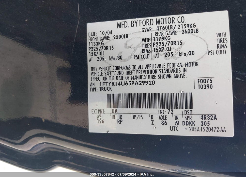 2005 FORD RANGER VIN: 1FTYR14U65PA29920