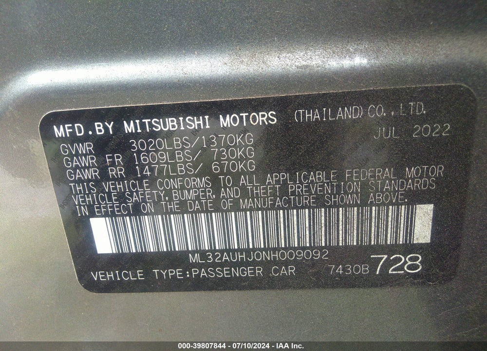 2022 MITSUBISHI MIRAGE ES VIN: ML32AUHJ0NH009092