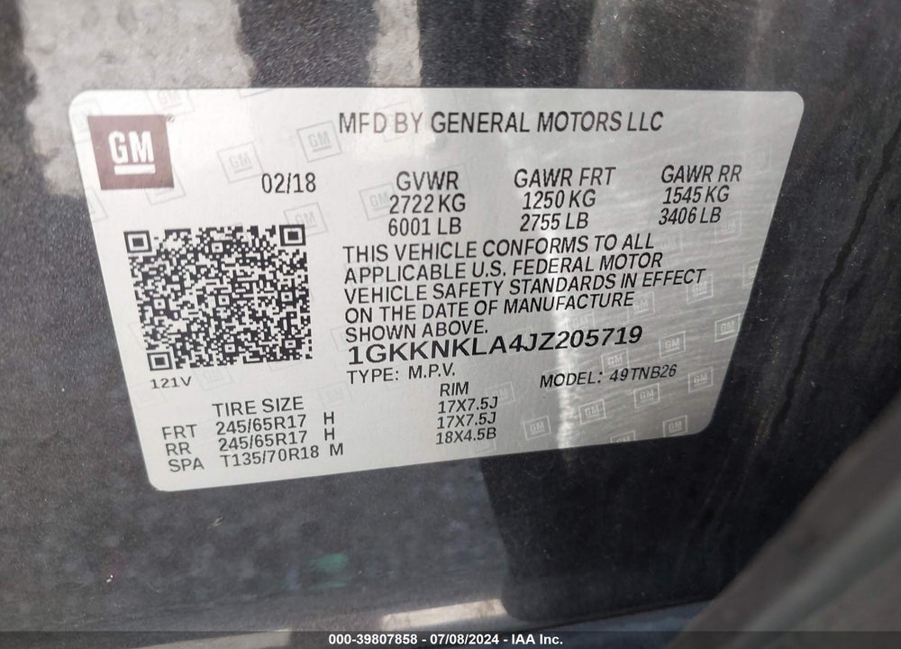 2018 GMC ACADIA SLE-1 VIN: 1GKKNKLA4JZ205719