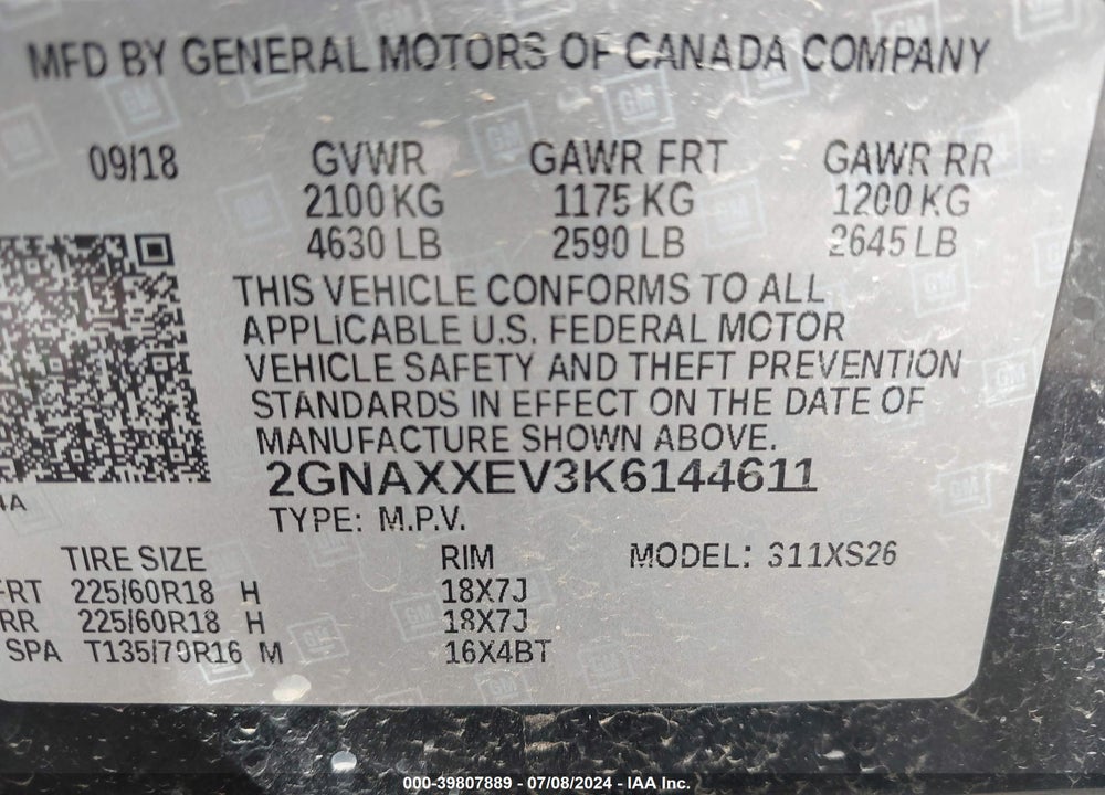 2019 CHEVROLET EQUINOX PREMIER VIN: 2GNAXXEV3K6144611