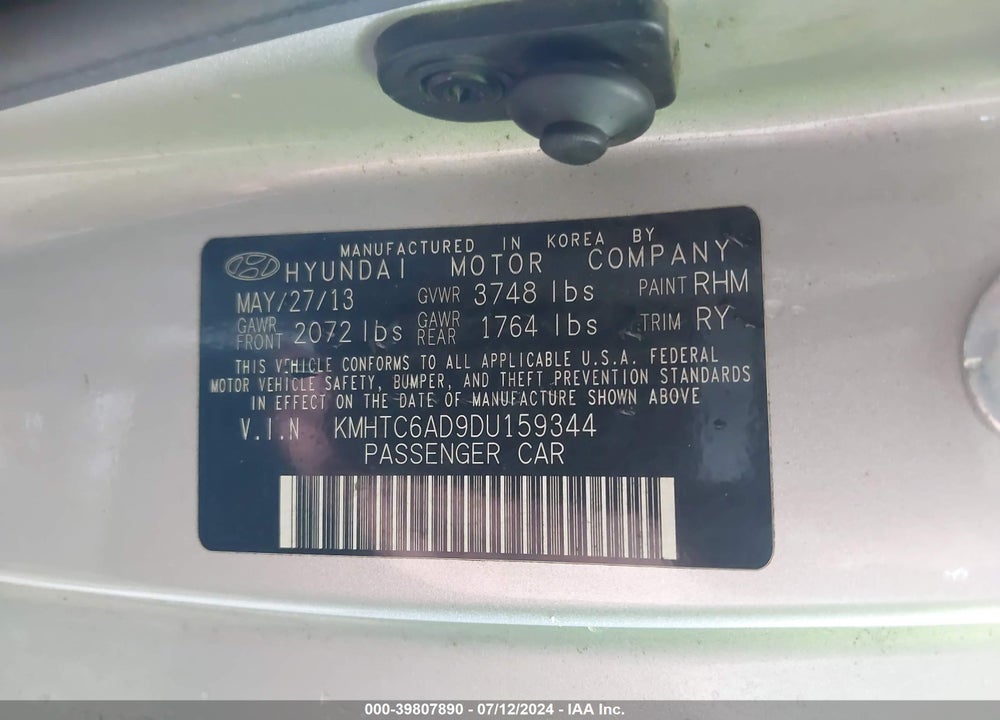 2013 HYUNDAI VELOSTER VIN: KMHTC6AD9DU159344