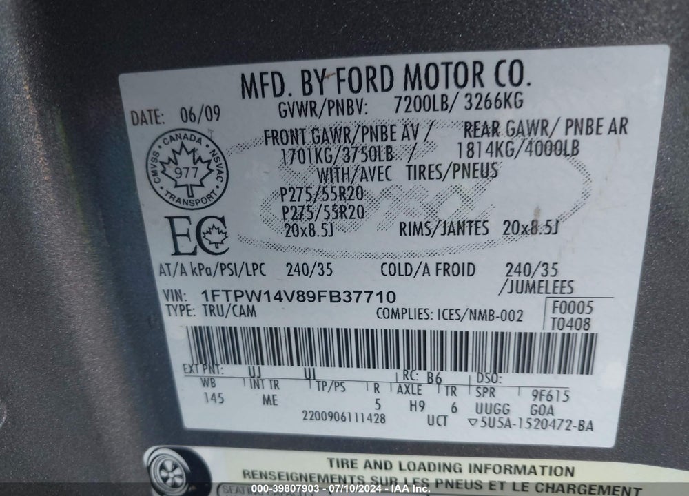 2009 FORD F-150 FX4/KING RANCH/LARIAT/PLATINUM/XL/XLT VIN: 1FTPW14V89FB37710