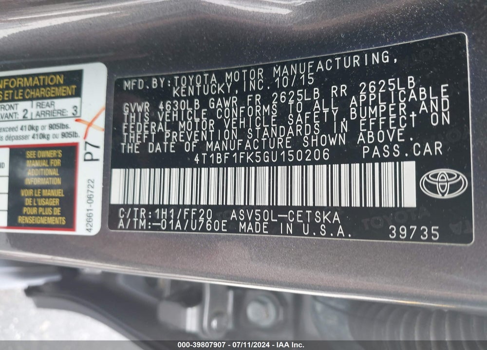 2016 TOYOTA CAMRY SE VIN: 4T1BF1FK5GU150206