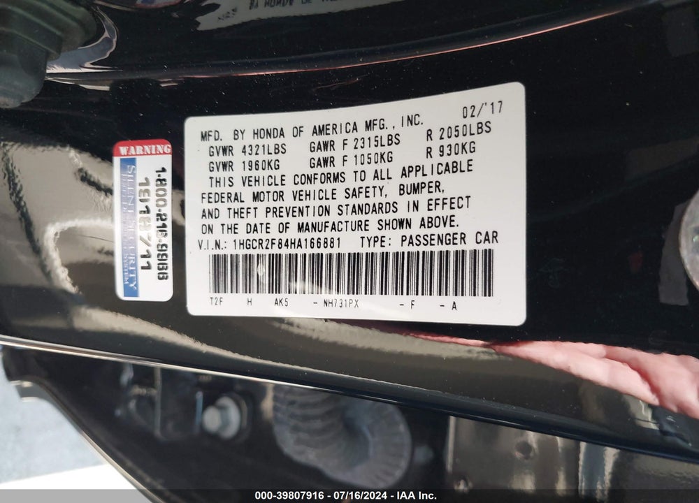 2017 HONDA ACCORD EX-L VIN: 1HGCR2F84HA166881