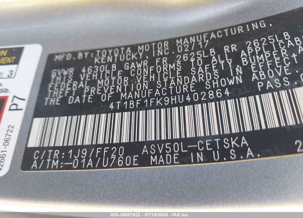 2017 TOYOTA CAMRY SE VIN: 4T1BF1FK9HU402864