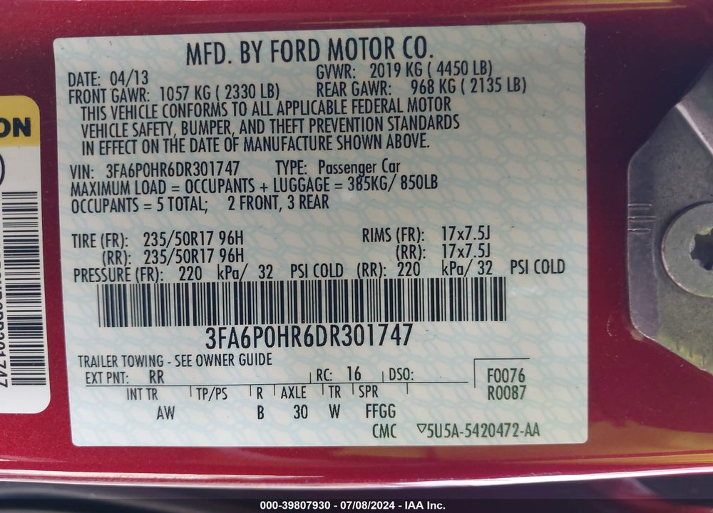 2013 FORD FUSION SE VIN: 3FA6P0HR6DR301747