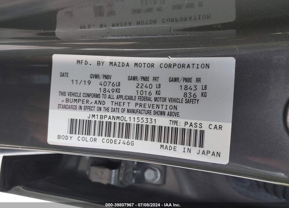 2020 MAZDA 3 PREMIUM PACKAGE VIN: JM1BPANM0L1155331
