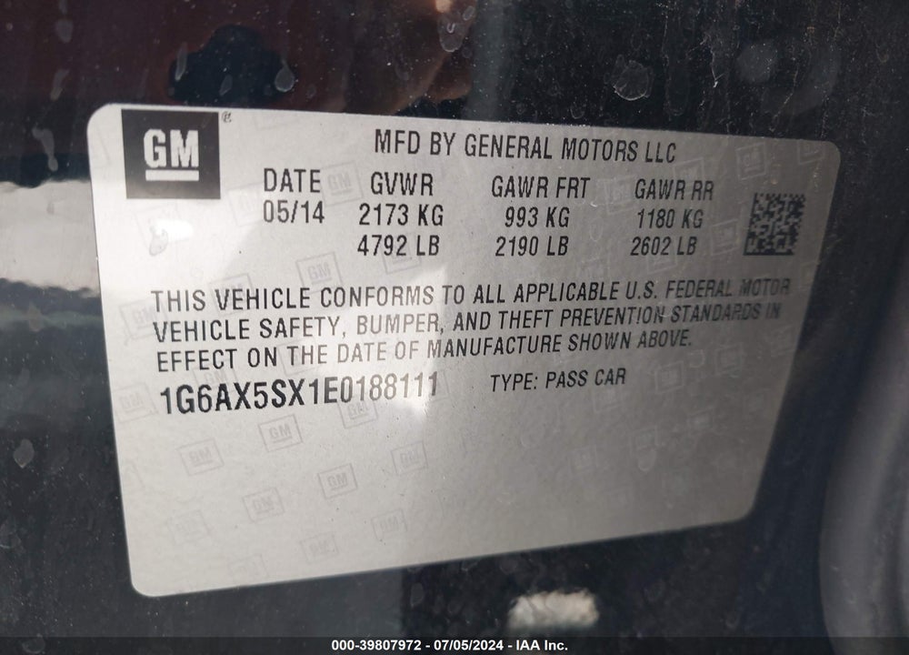 2014 CADILLAC CTS LUXURY VIN: 1G6AX5SX1E0188111