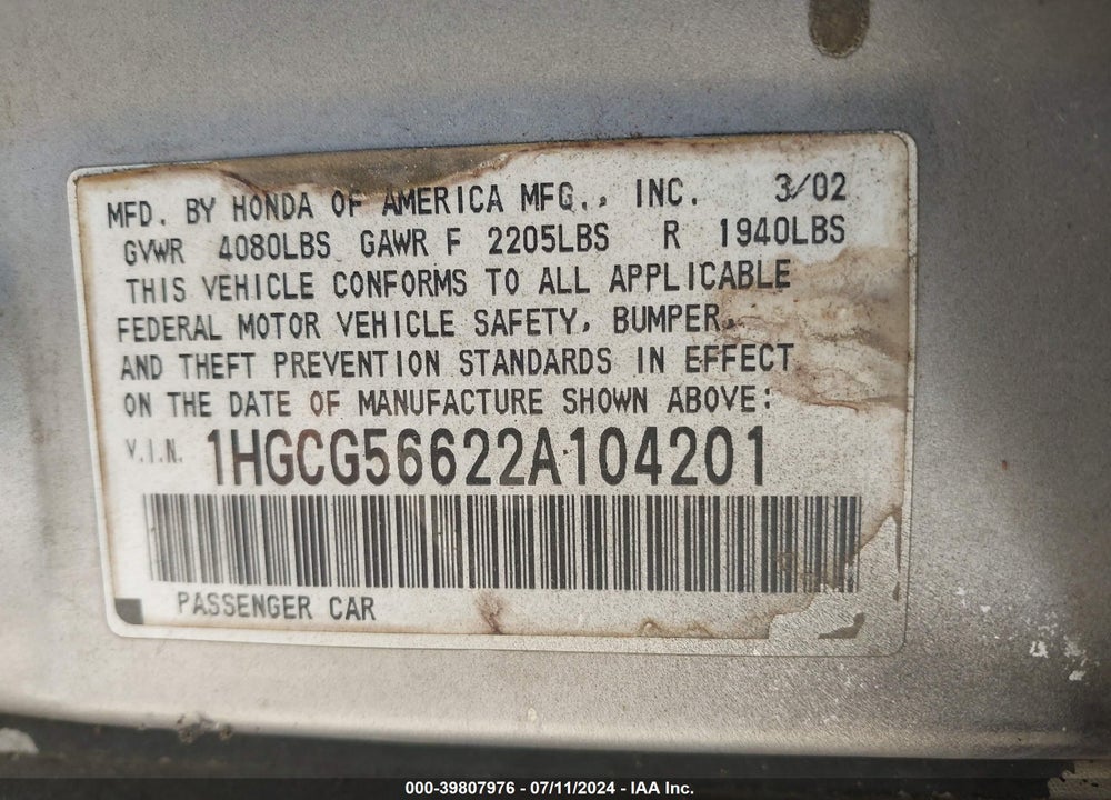 2002 HONDA ACCORD 2.3 EX VIN: 1HGCG56622A104201