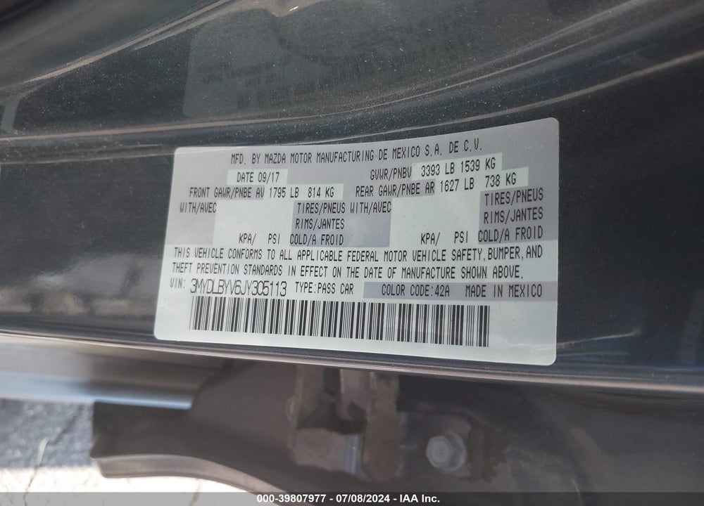 2018 TOYOTA YARIS IA VIN: 3MYDLBYV6JY305113