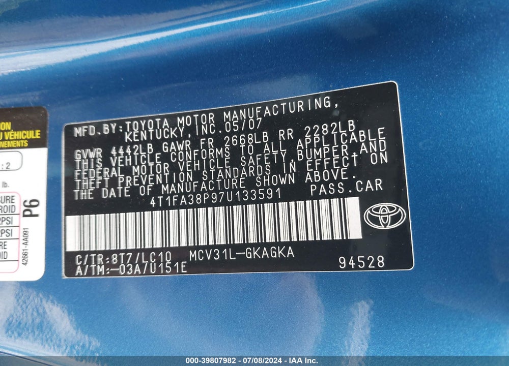 2007 TOYOTA CAMRY SOLARA SLE VIN: 4T1FA38P97U133591