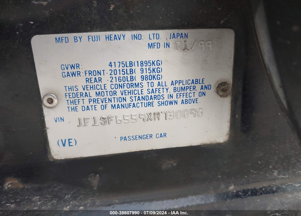 1999 SUBARU FORESTER S VIN: JF1SF6559XH730098