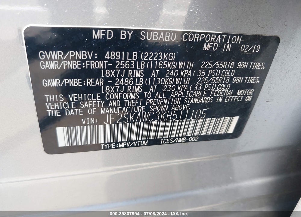 2019 SUBARU FORESTER TOURING VIN: JF2SKAWC3KH511105