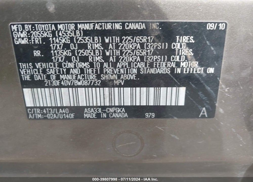 2011 TOYOTA RAV4 LIMITED VIN: 2T3DF4DV7BW087732