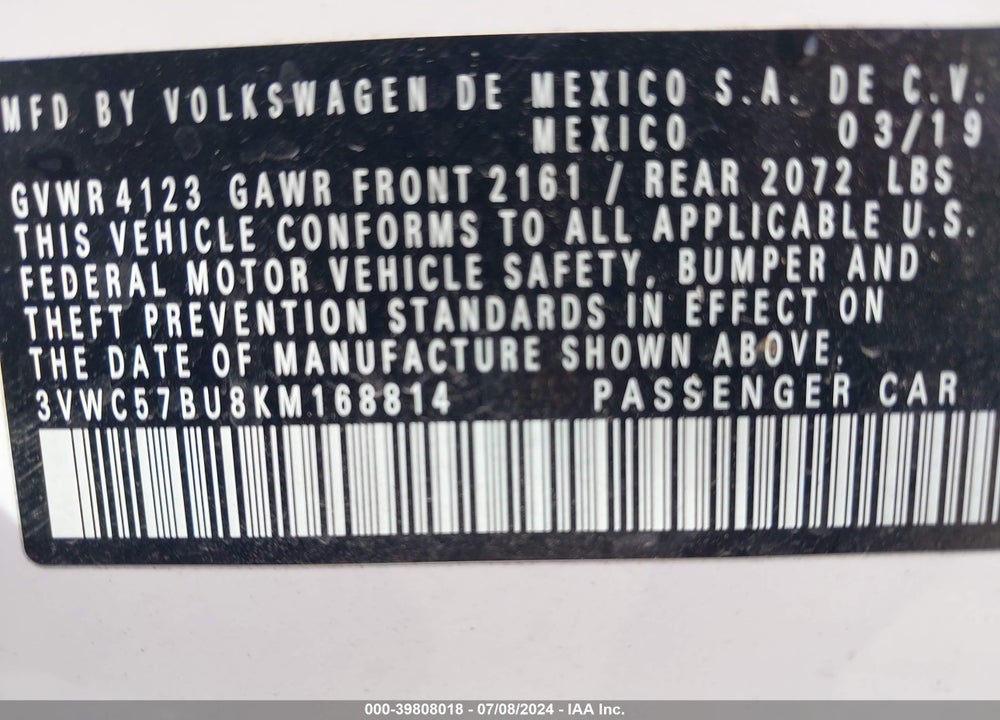 2019 VOLKSWAGEN JETTA 1.4T R-LINE/1.4T S/1.4T SE VIN: 3VWC57BU8KM168814