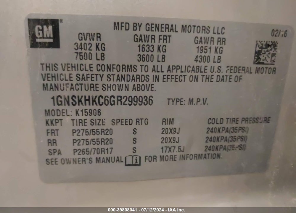 2016 CHEVROLET SUBURBAN LT VIN: 1GNSKHKC6GR299936