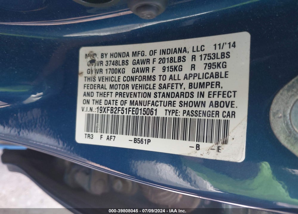 2015 HONDA CIVIC LX VIN: 19XFB2F51FE015061