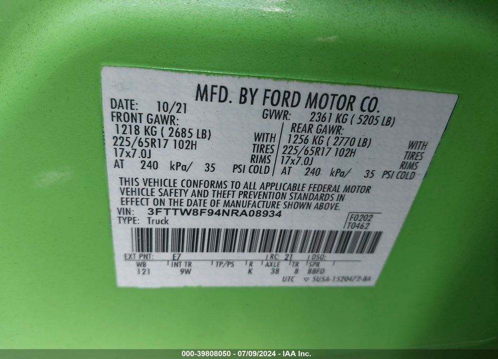 2022 FORD MAVERICK XL VIN: 3FTTW8F94NRA08934