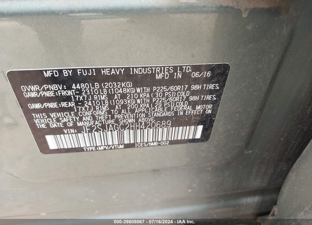2017 SUBARU FORESTER 2.5I PREMIUM VIN: JF2SJAGC2HH420689