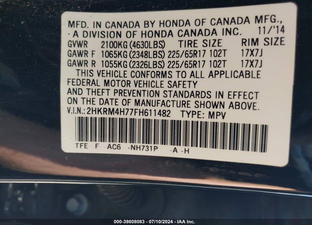 2015 HONDA CR-V EXL VIN: 2HKRM4H77FH611482