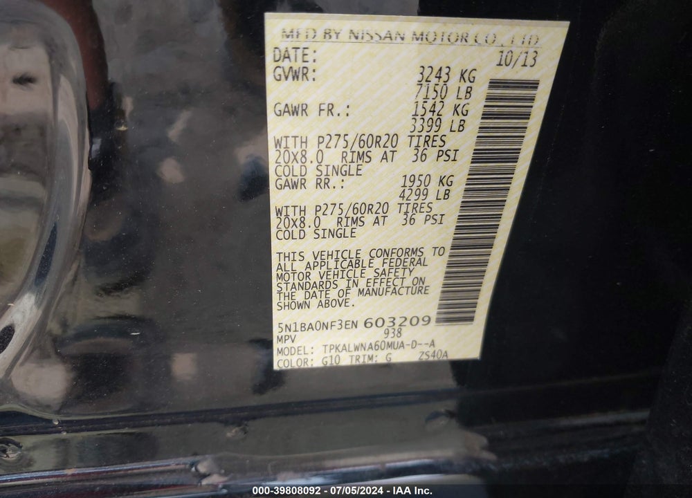 2014 NISSAN ARMADA PLATINUM VIN: 5N1BA0NF3EN603209