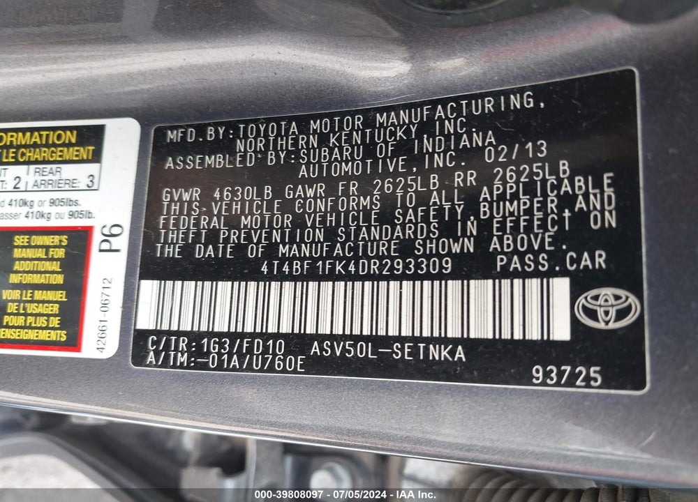 2013 TOYOTA CAMRY LE VIN: 4T4BF1FK4DR293309