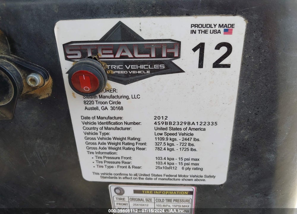 2012 STEALTH XR VIN: 4S9BB2329BA122335
