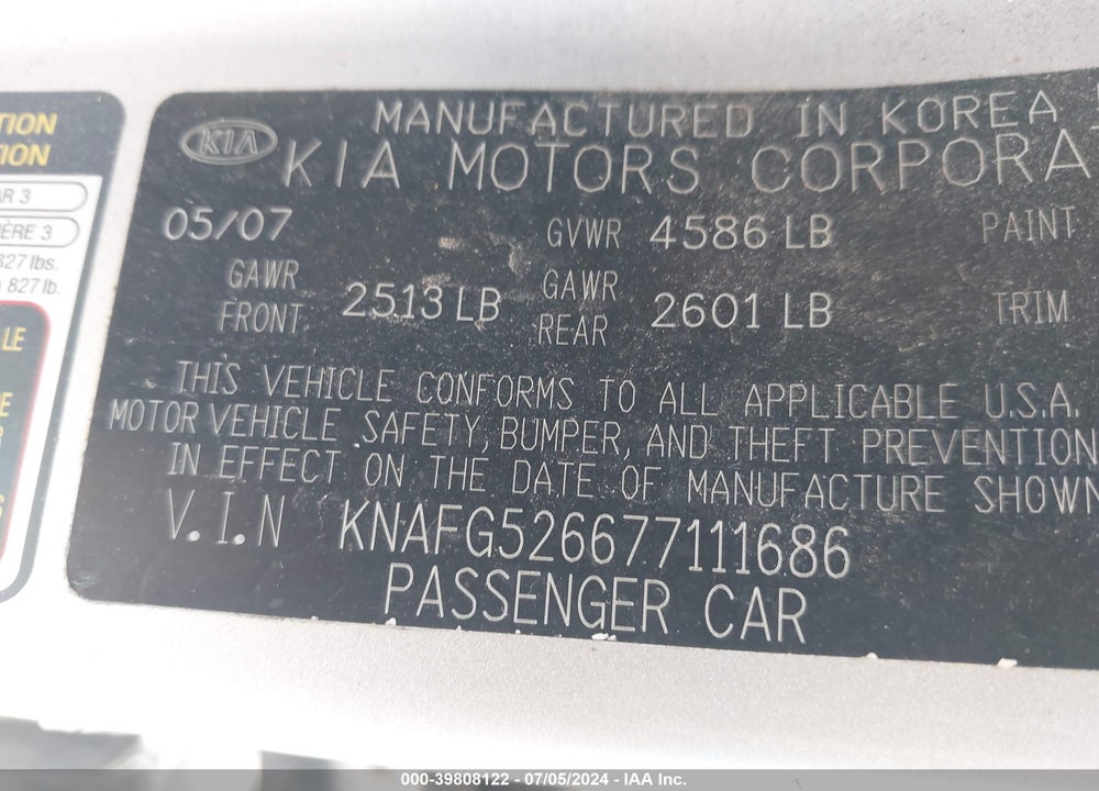 2007 KIA RONDO EX V6 VIN: KNAFG526677111686
