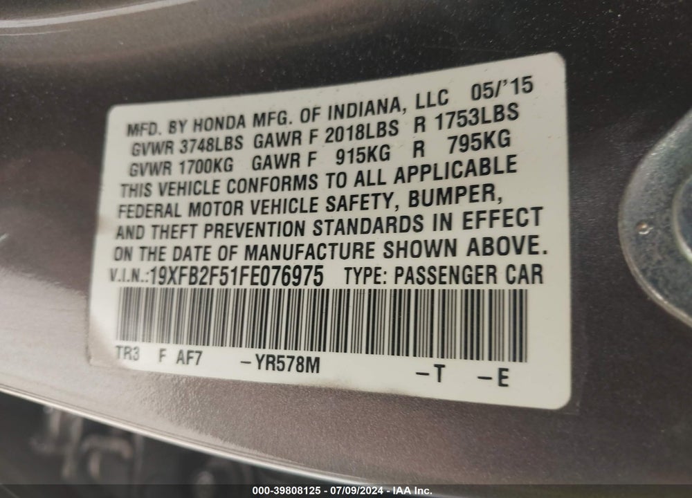 2015 HONDA CIVIC LX VIN: 19XFB2F51FE076975