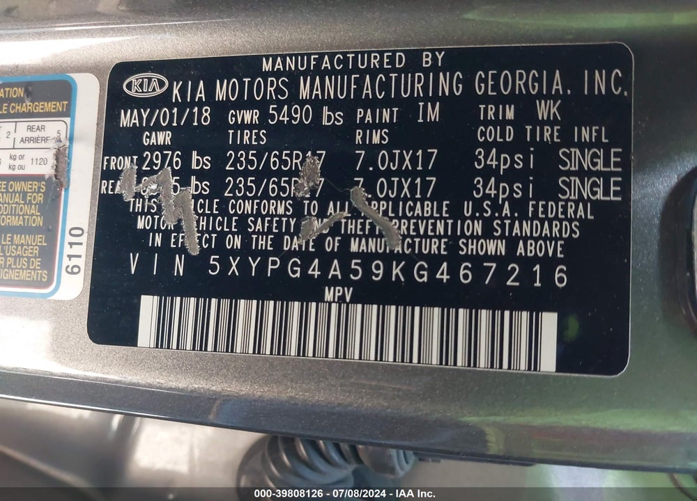 2019 KIA SORENTO 3.3L LX VIN: 5XYPG4A59KG467216
