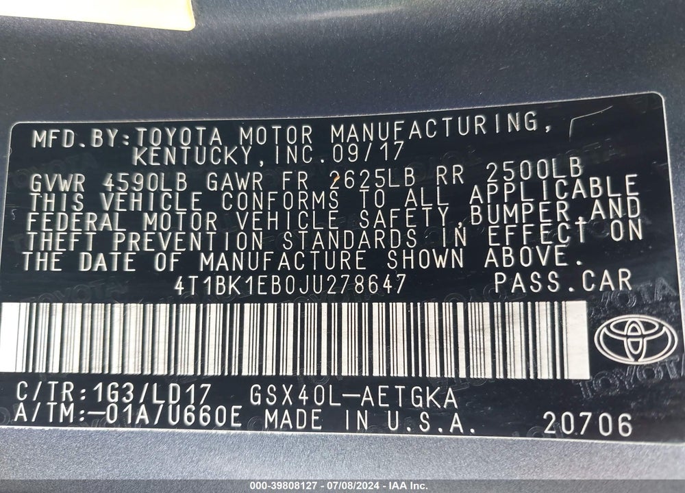 2018 TOYOTA AVALON XLE VIN: 4T1BK1EB0JU278647