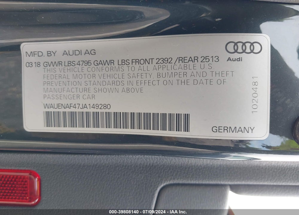 2018 AUDI A4 2.0T PREMIUM/2.0T TECH PREMIUM VIN: WAUENAF47JA149280