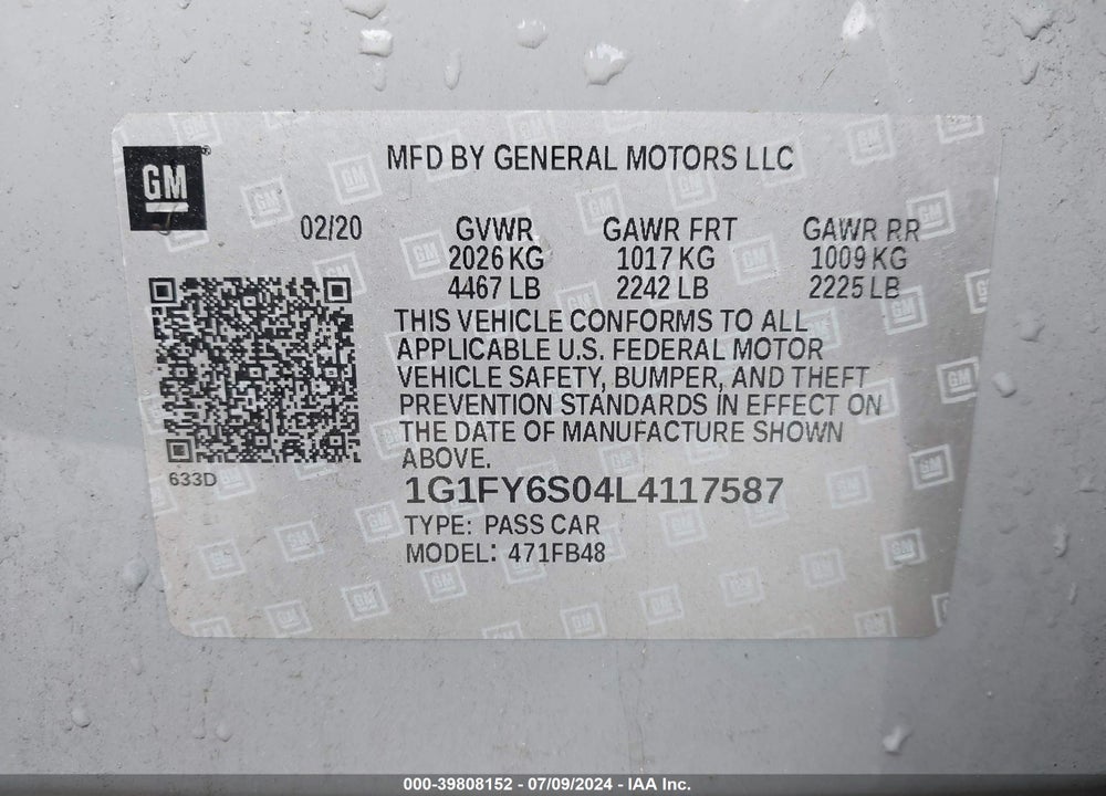 2020 CHEVROLET BOLT EV FWD LT VIN: 1G1FY6S04L4117587