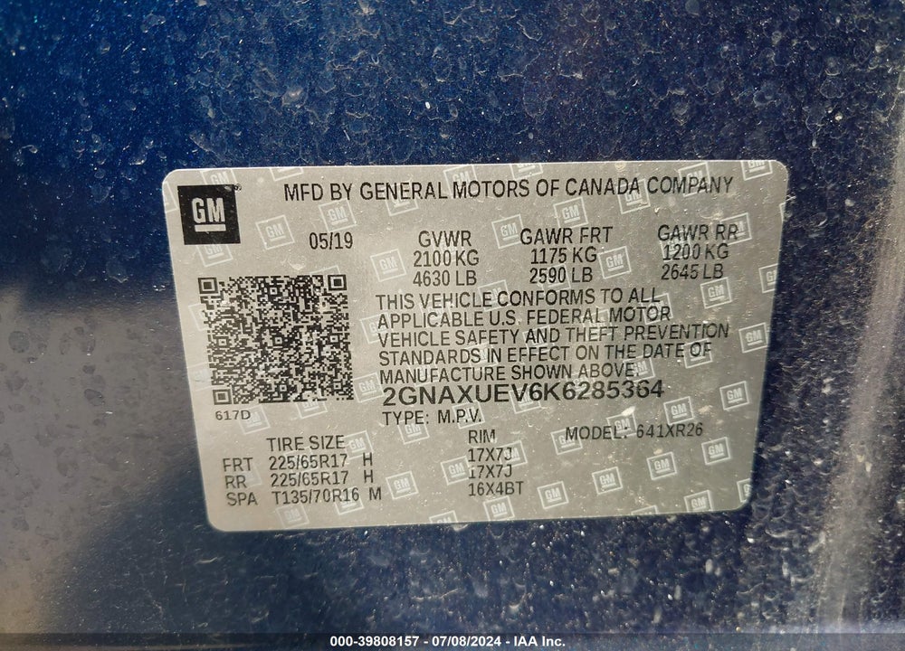 2019 CHEVROLET EQUINOX LT VIN: 2GNAXUEV6K6285364