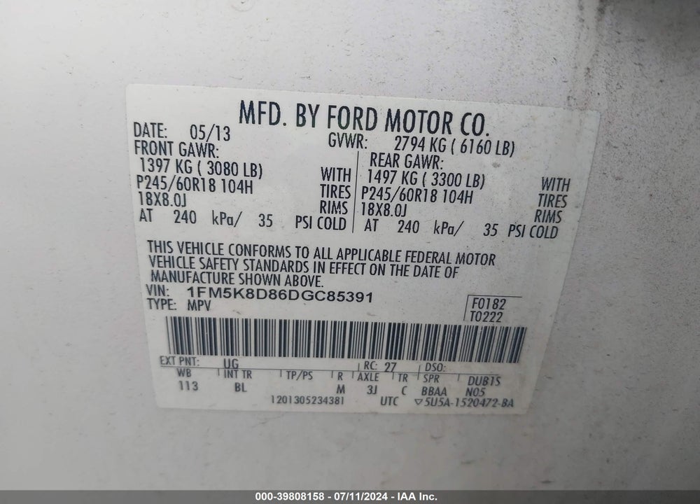 2013 FORD EXPLORER XLT VIN: 1FM5K8D86DGC85391