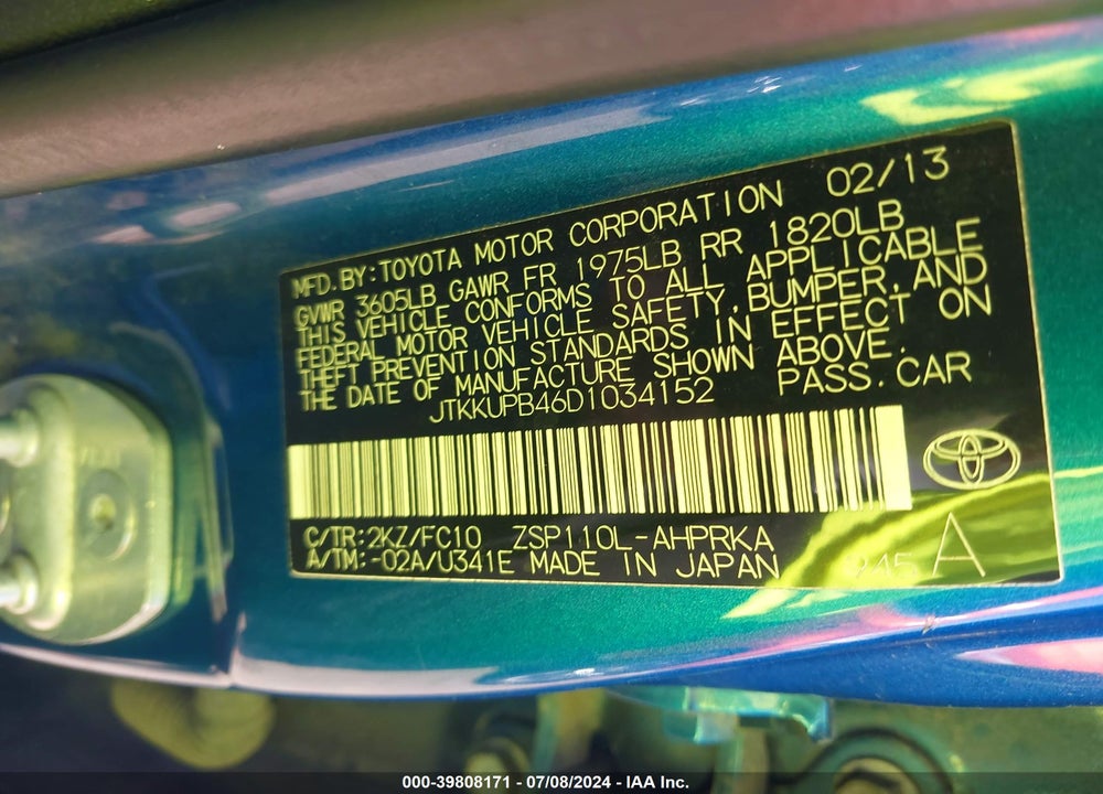 2013 SCION XD VIN: JTKKUPB46D1034152