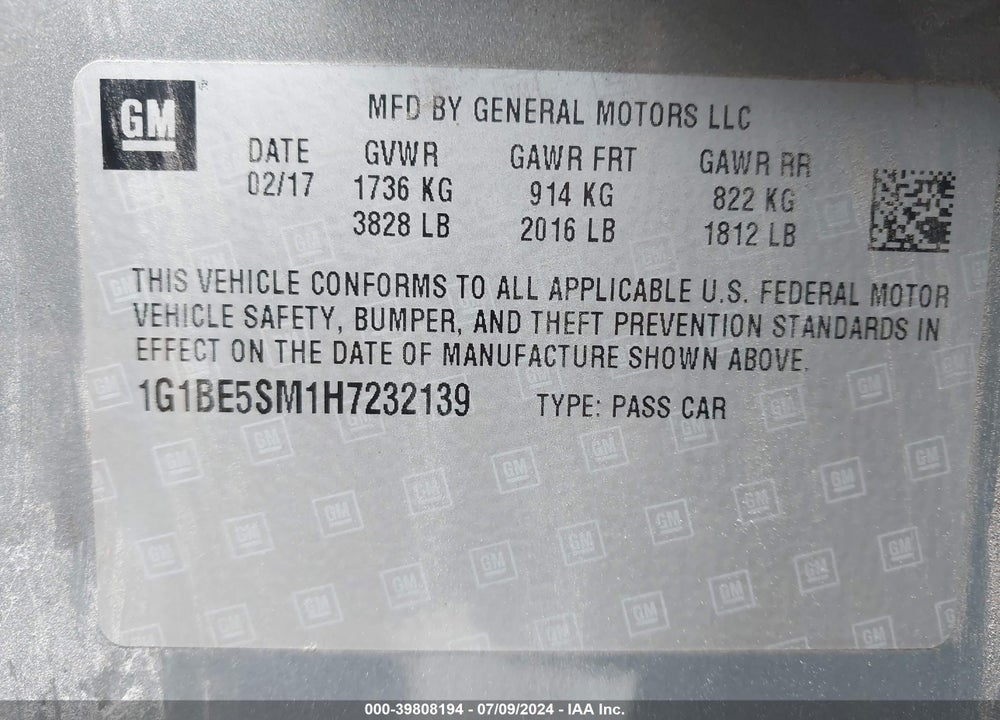 2017 CHEVROLET CRUZE LT AUTO VIN: 1G1BE5SM1H7232139