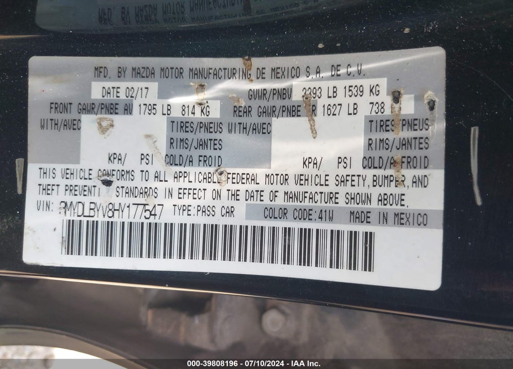 2017 TOYOTA YARIS IA VIN: 3MYDLBYV8HY177547