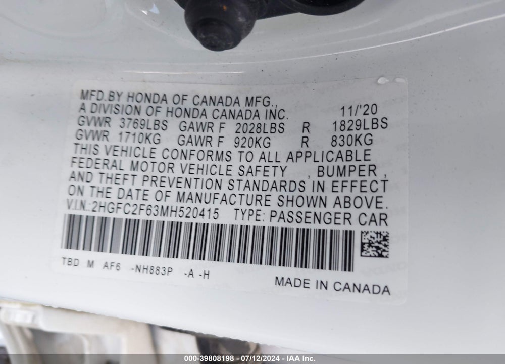 2021 HONDA CIVIC LX VIN: 2HGFC2F63MH520415
