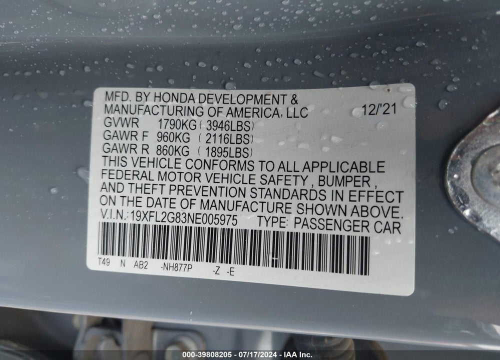 2022 HONDA CIVIC SPORT VIN: 19XFL2G83NE005975
