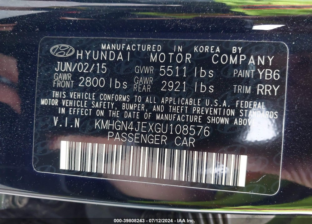 2016 HYUNDAI GENESIS VIN: KMHGN4JEXGU108576