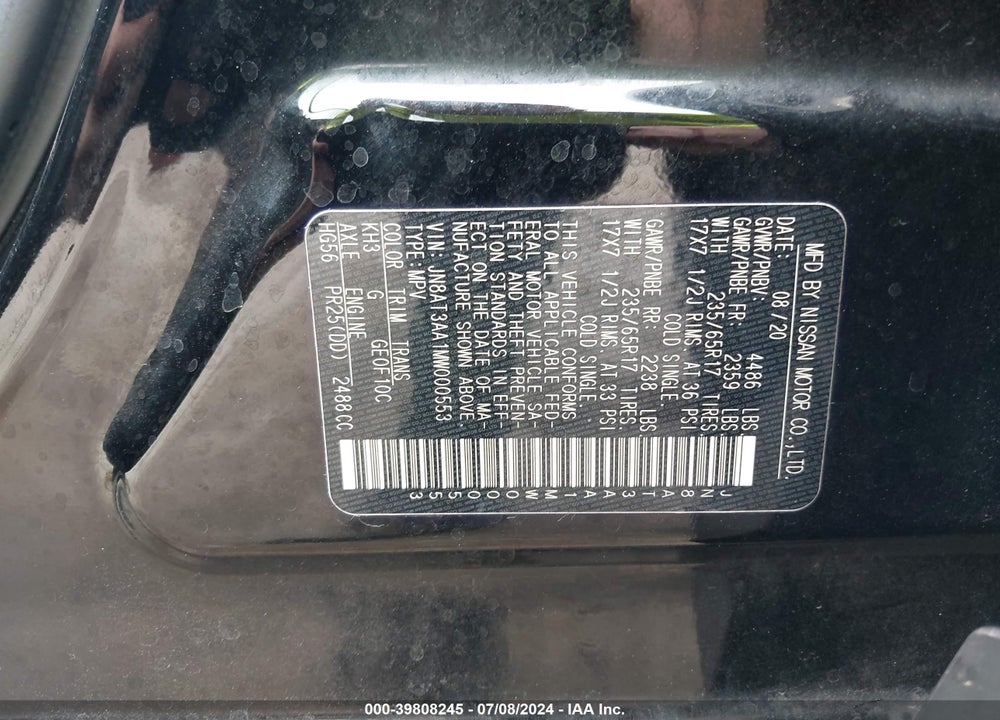 2021 NISSAN ROGUE S FWD VIN: JN8AT3AA1MW000553