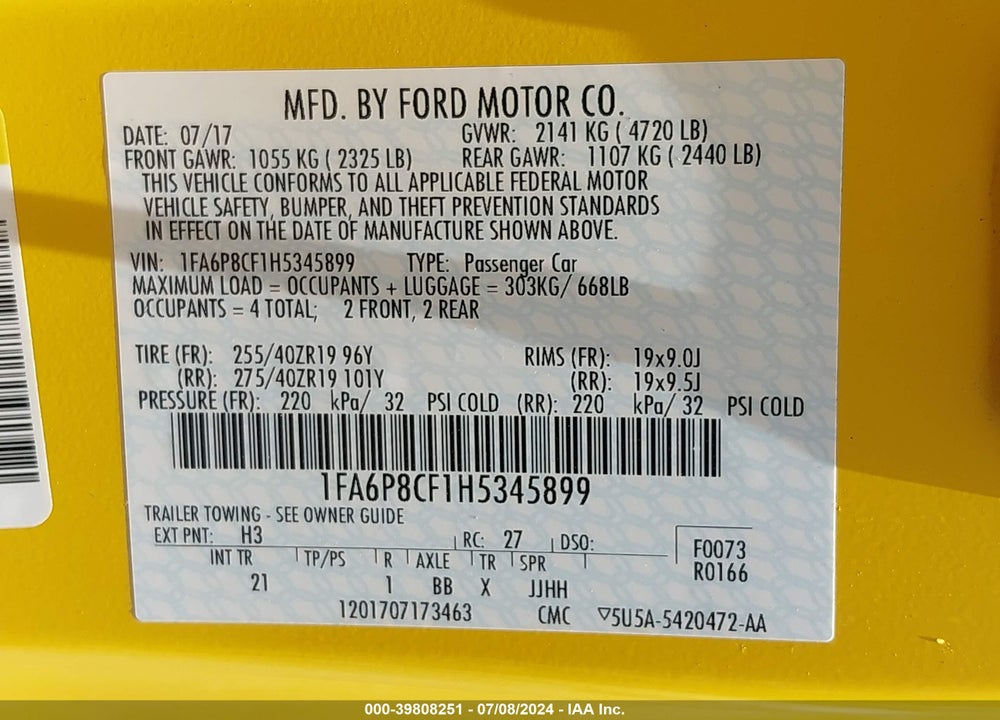 2017 FORD MUSTANG GT VIN: 1FA6P8CF1H5345899