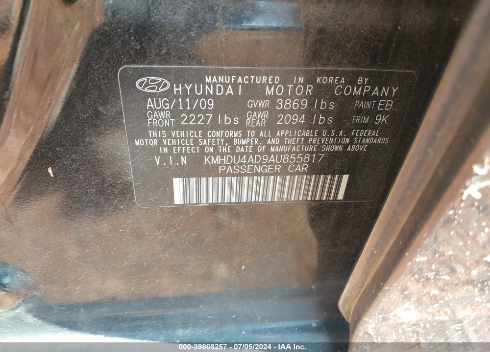 2010 HYUNDAI ELANTRA GLS VIN: KMHDU4AD9AU855817