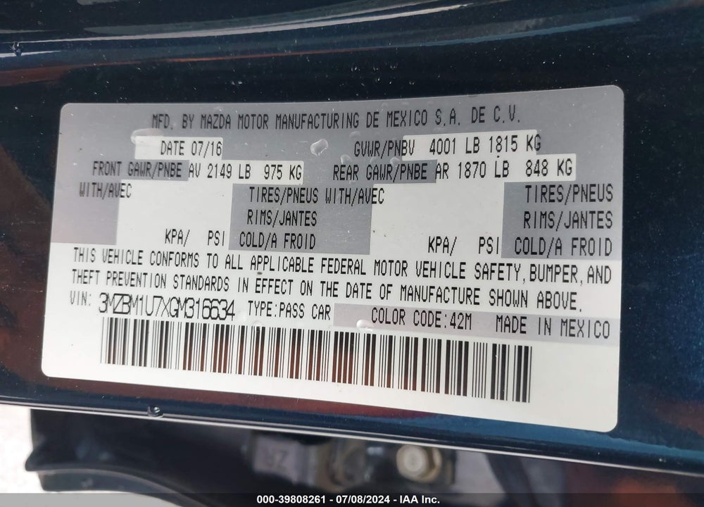 2016 MAZDA 3 I SPORT VIN: 3MZBM1U7XGM316634