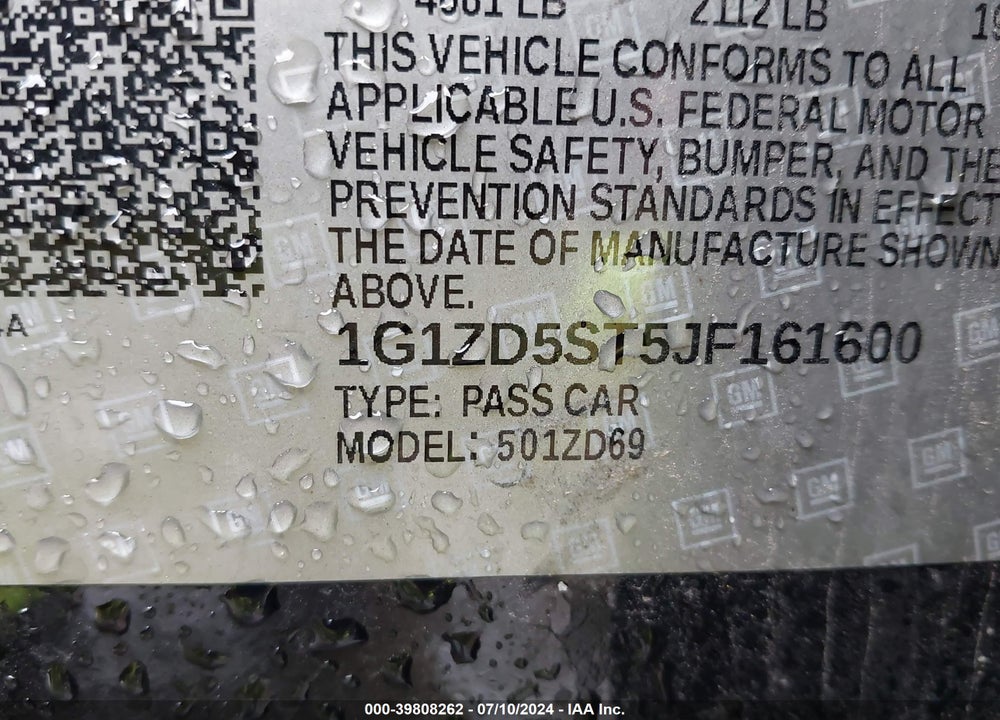 2018 CHEVROLET MALIBU LT VIN: 1G1ZD5ST5JF161600