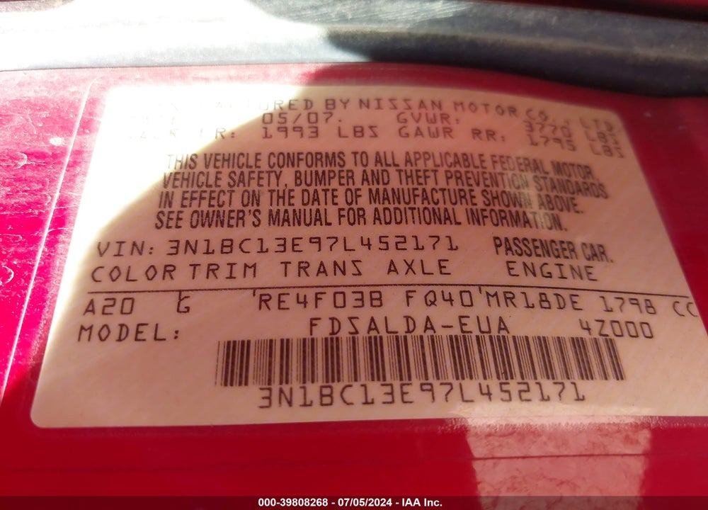 2007 NISSAN VERSA 1.8S VIN: 3N1BC13E97L452171